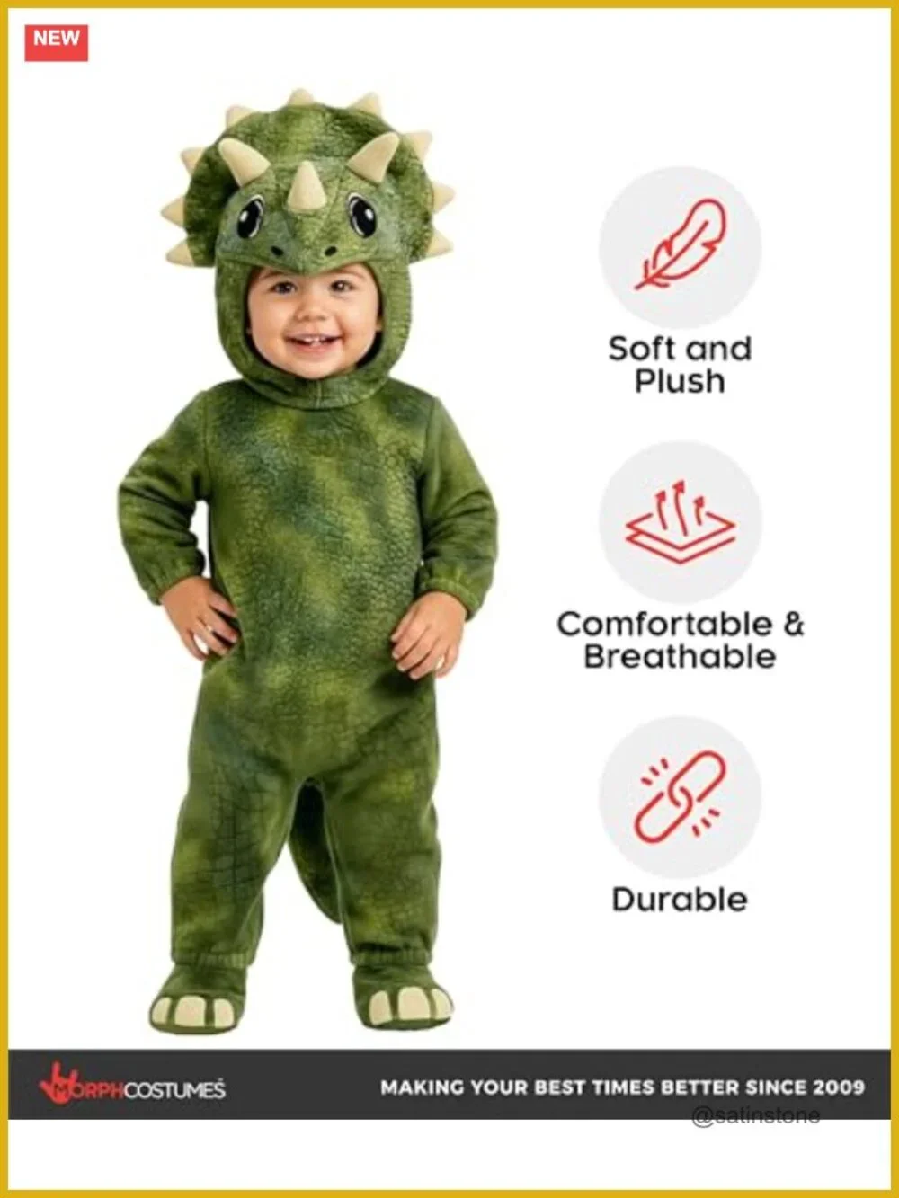 Plush Triceratops Dinosaur Costume for Kids, Hook and Loop Closure, Hand Wash